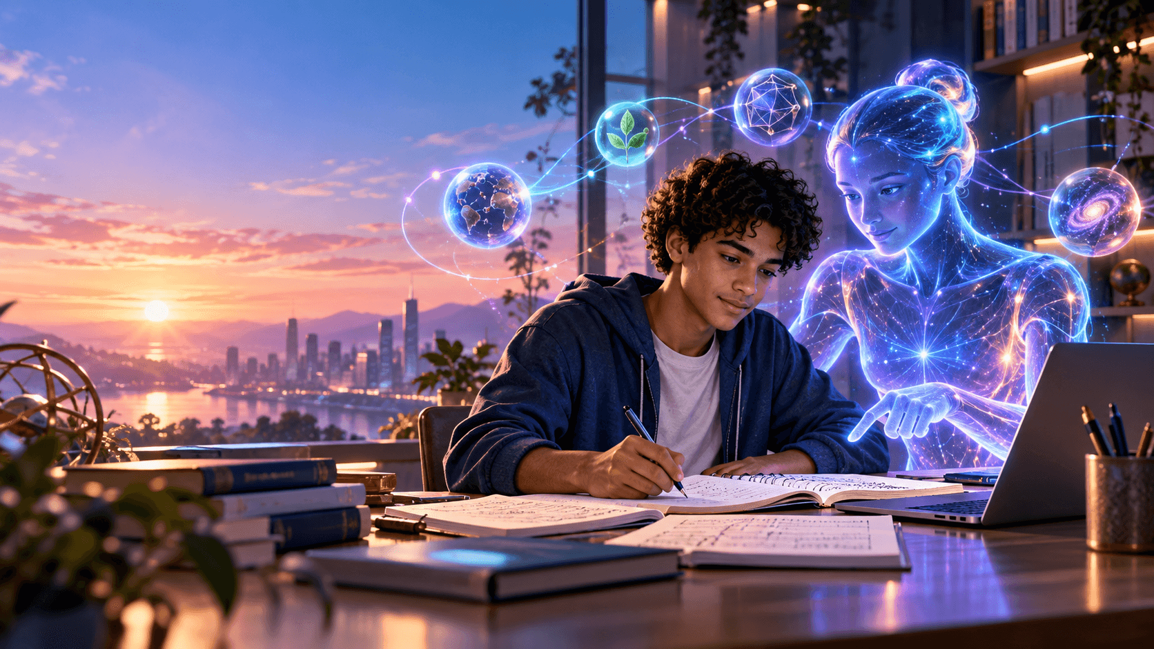 A motivated learner studying with a luminous personal AI guide
